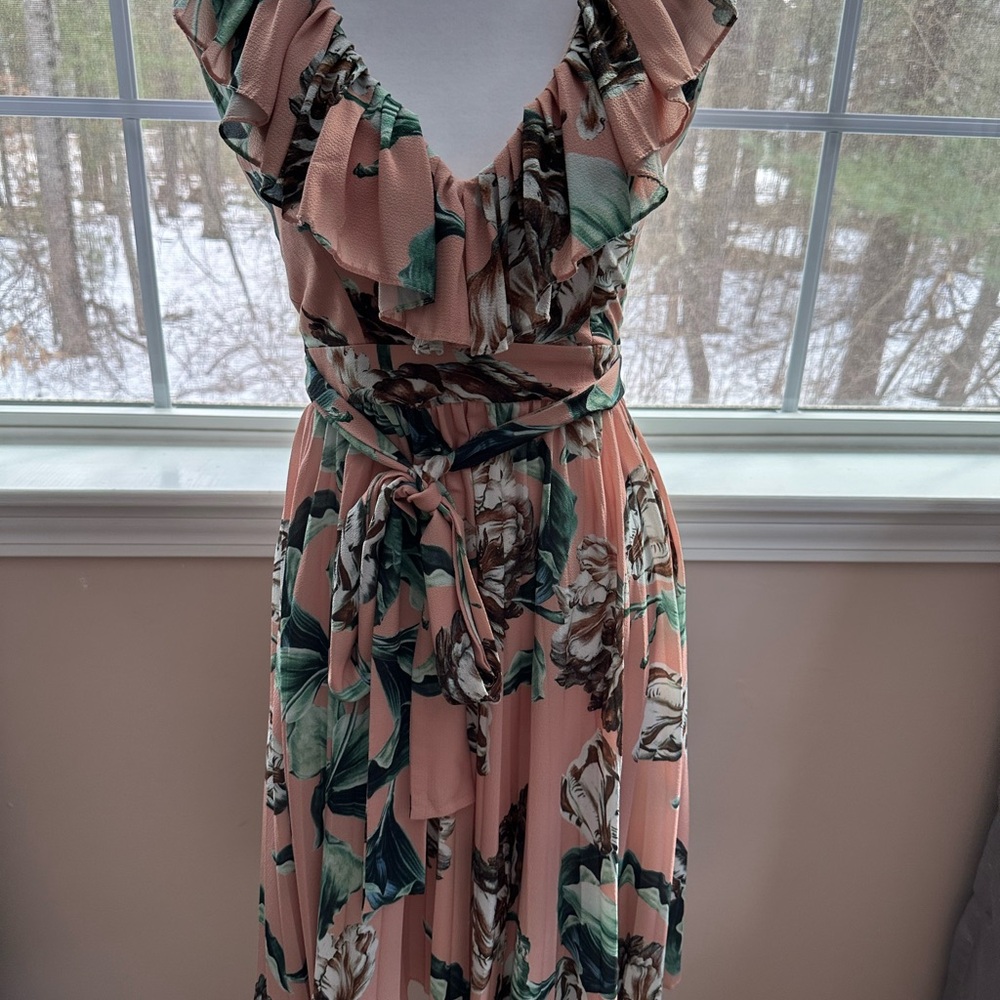 PatBO Pink and Green Ruffled Tie Front Midi Dress